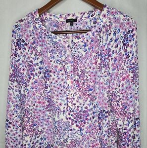 Talbots Popover Blouse Purple Pink Spring Garden Floral Long Sleeve Officewear